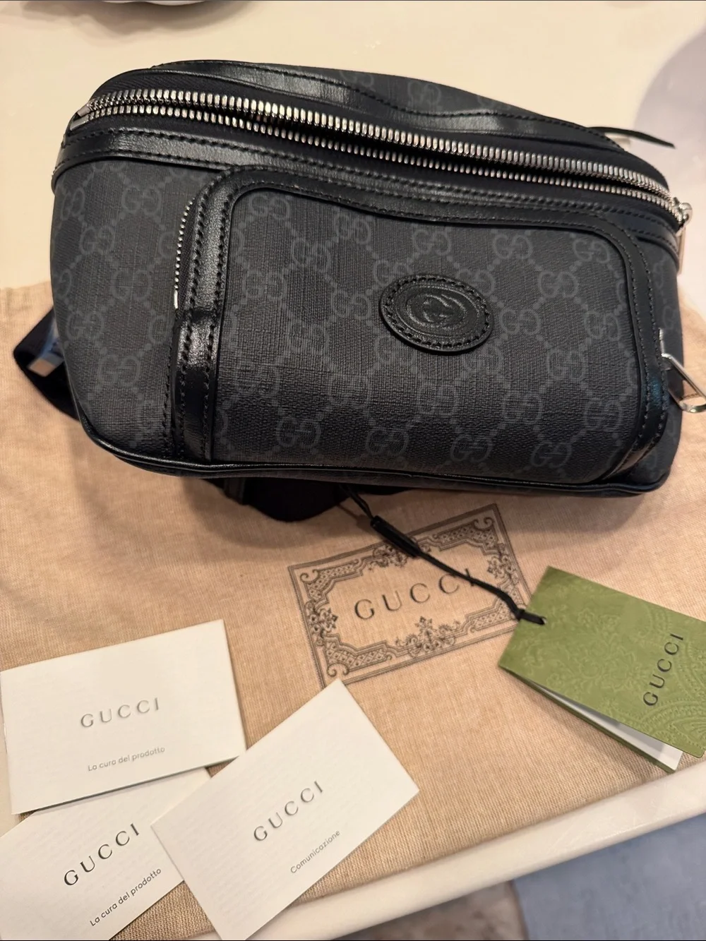 Gucci Black GG Supreme Canvas Belt Bag with Leather Trim